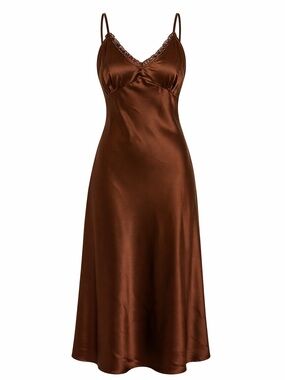 Topshop Slip Dress Brown Chocolate Midi Lace Trim Y2K Minimalist Size S